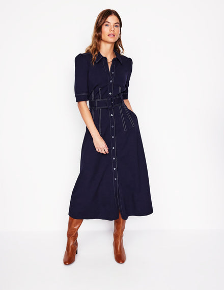 Anita Belted Ponte Shirt Dress-Navy