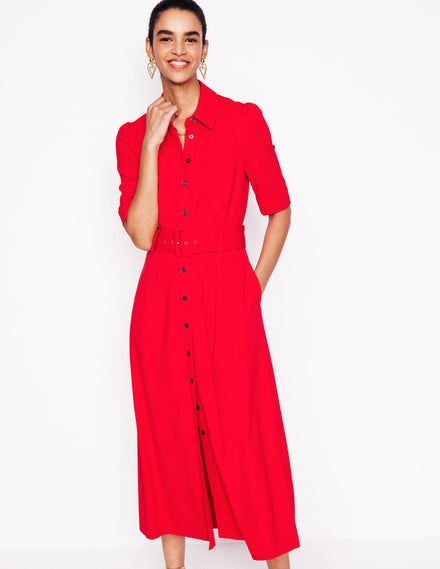 Anita Belted Ponte Shirt Dress-Poppy Red