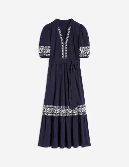 Amara Embroidered Jersey Dress-Navy Embroidery