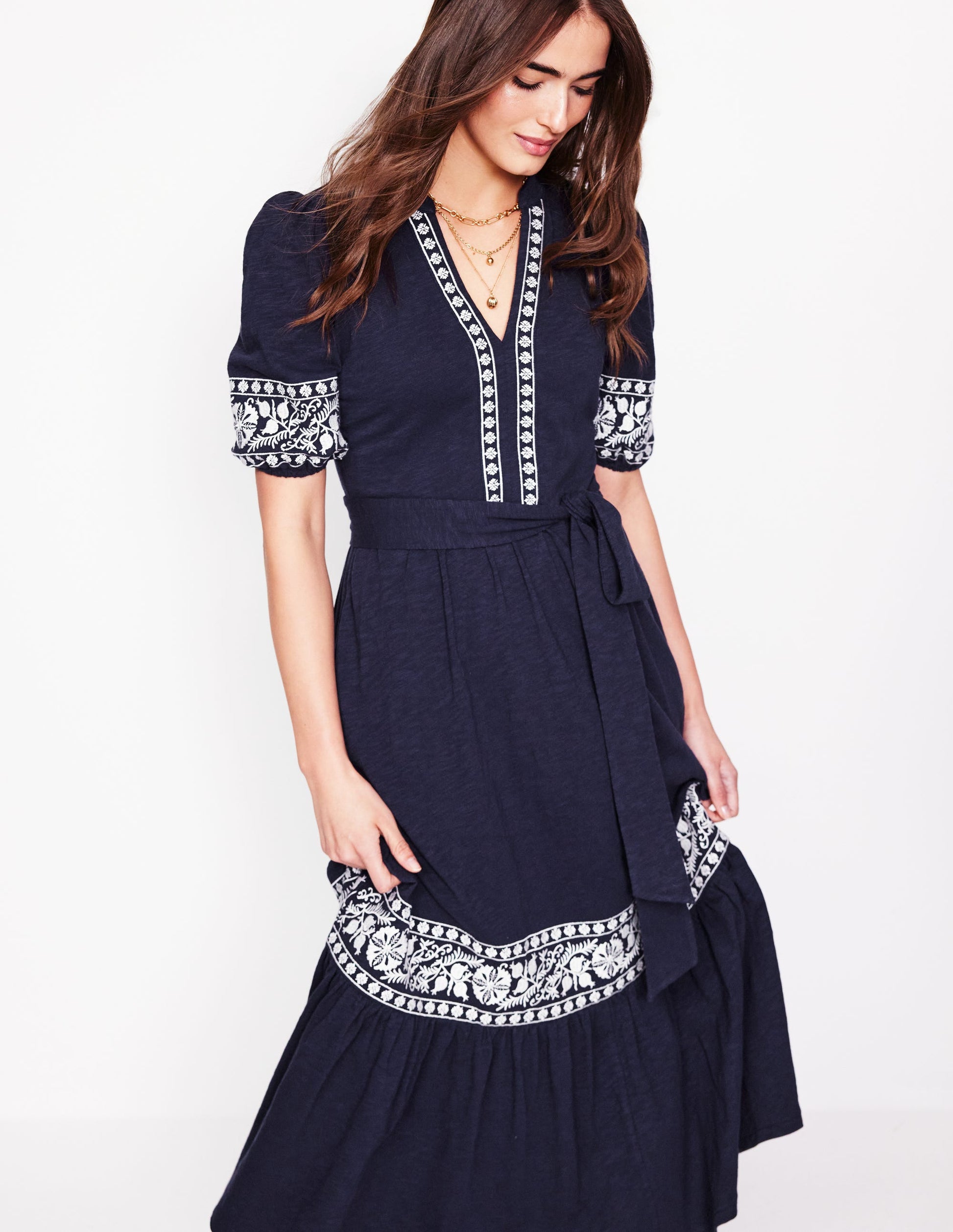 Amara Embroidered Jersey Dress-Navy Embroidery | Boden Global Amara Embroidered Jersey Dress-Navy Embroidery | Boden Global