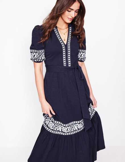 Amara Embroidered Jersey Dress-Navy Embroidery