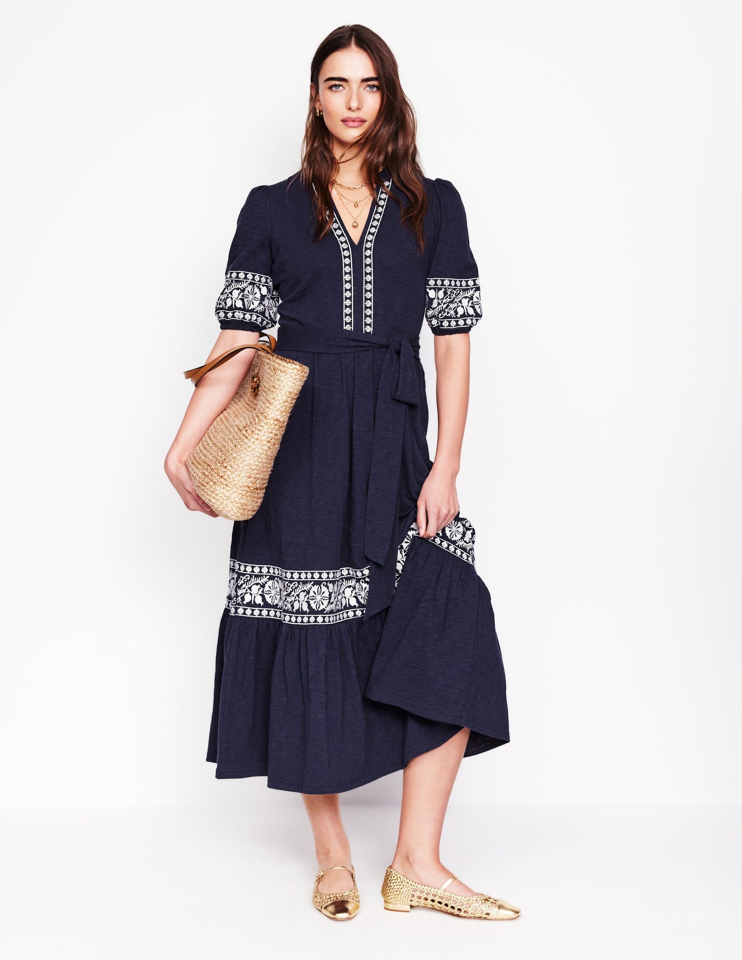 Amara Embroidered Jersey Dress-Navy Embroidery