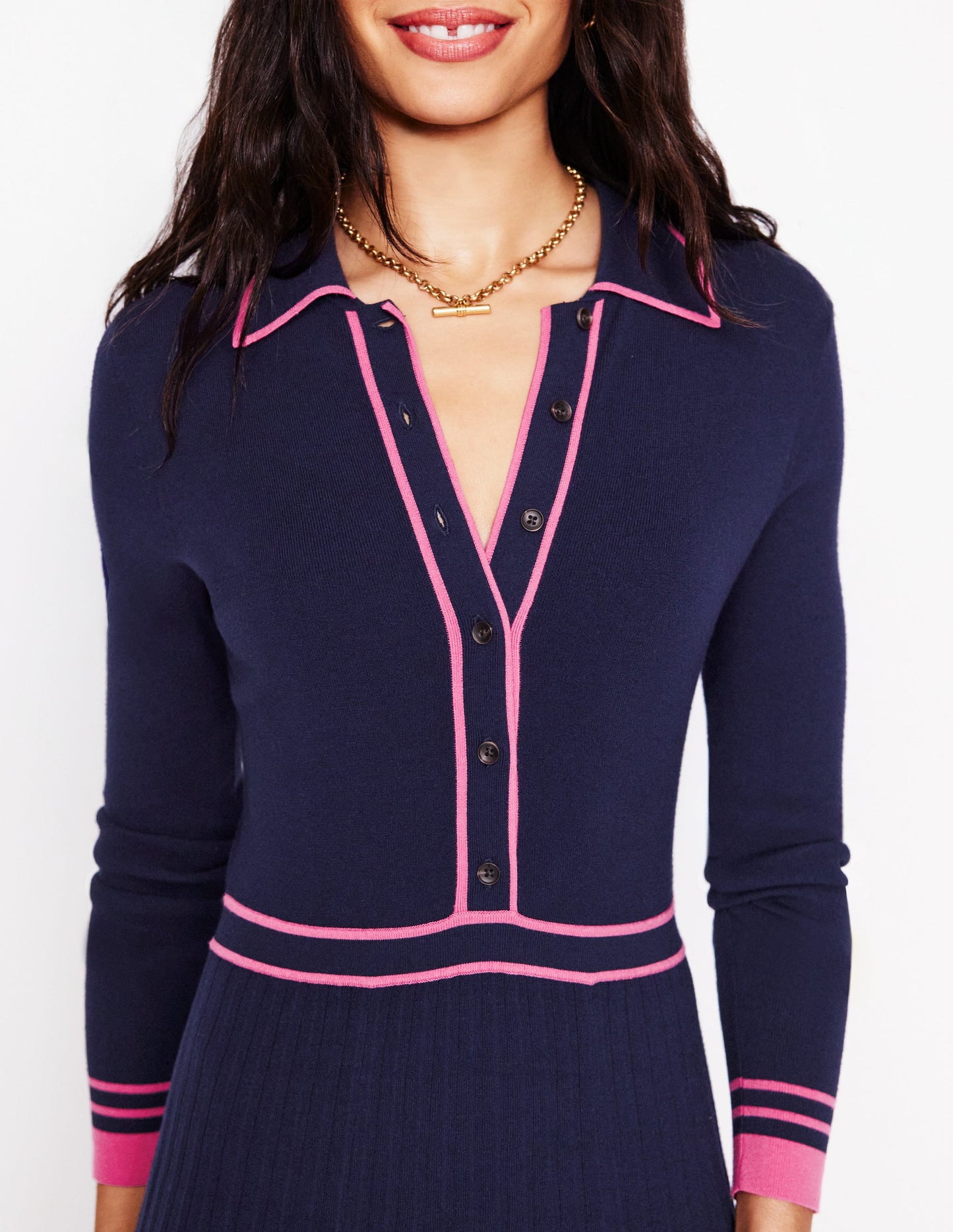 Collared Pleated Knitted Dress-Navy/Pink Colourblock