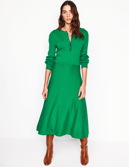 Scallop Henley Knitted Dress-Rich Emerald