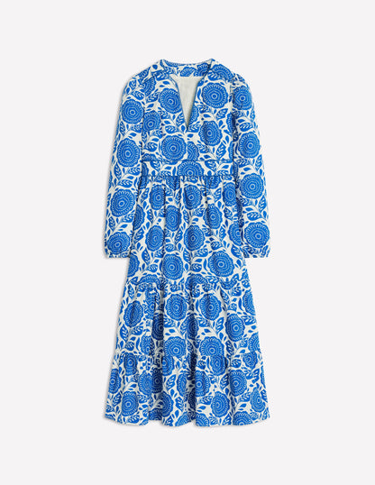 Violet Cotton Midi Dress-Gallery Blue, Dahlia Stamp