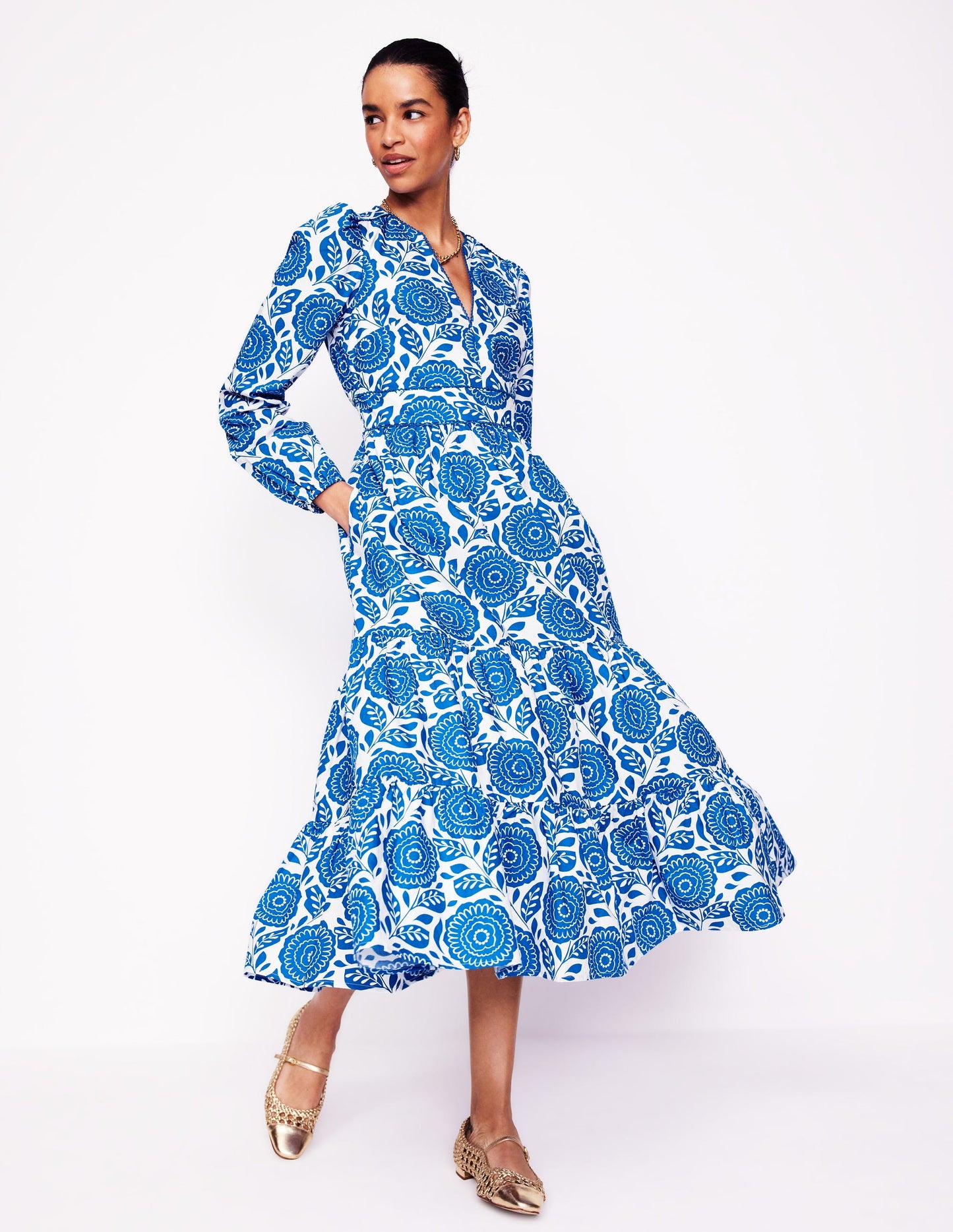 Violet Cotton Midi Dress-Gallery Blue, Dahlia Stamp