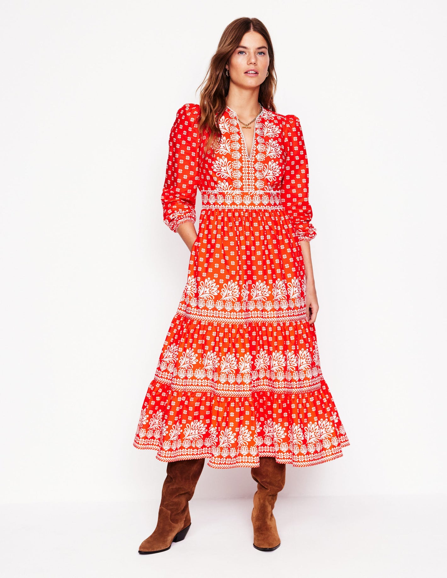 Violet Cotton Midi Dress-Firecracker Red, Palm Flora