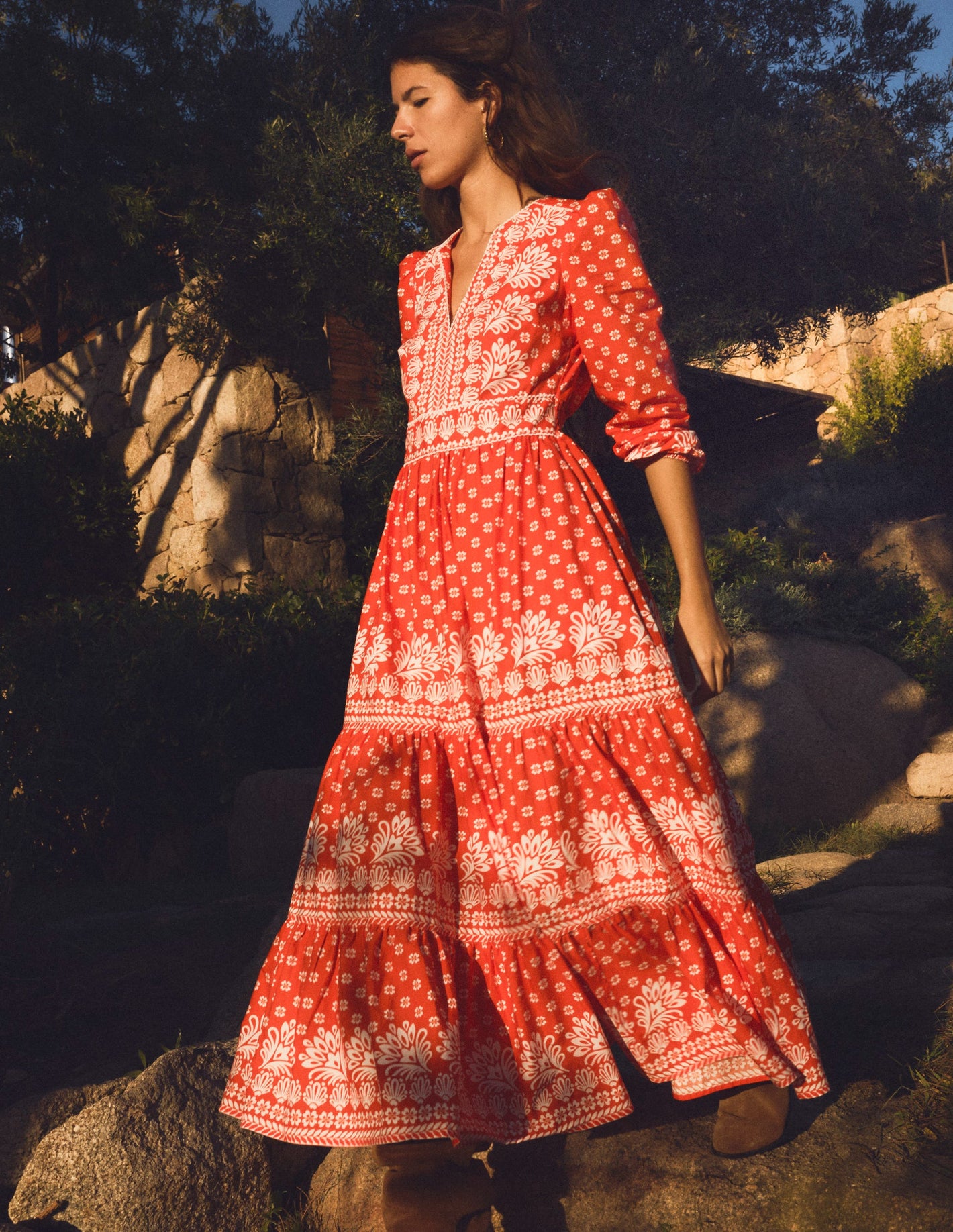 Violet Cotton Midi Dress-Firecracker Red, Palm Flora