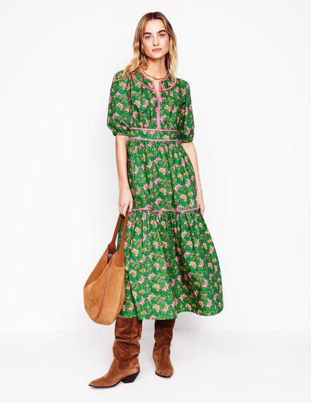 Rhea Embroidered Midi Dress-Green, Decorative Vine