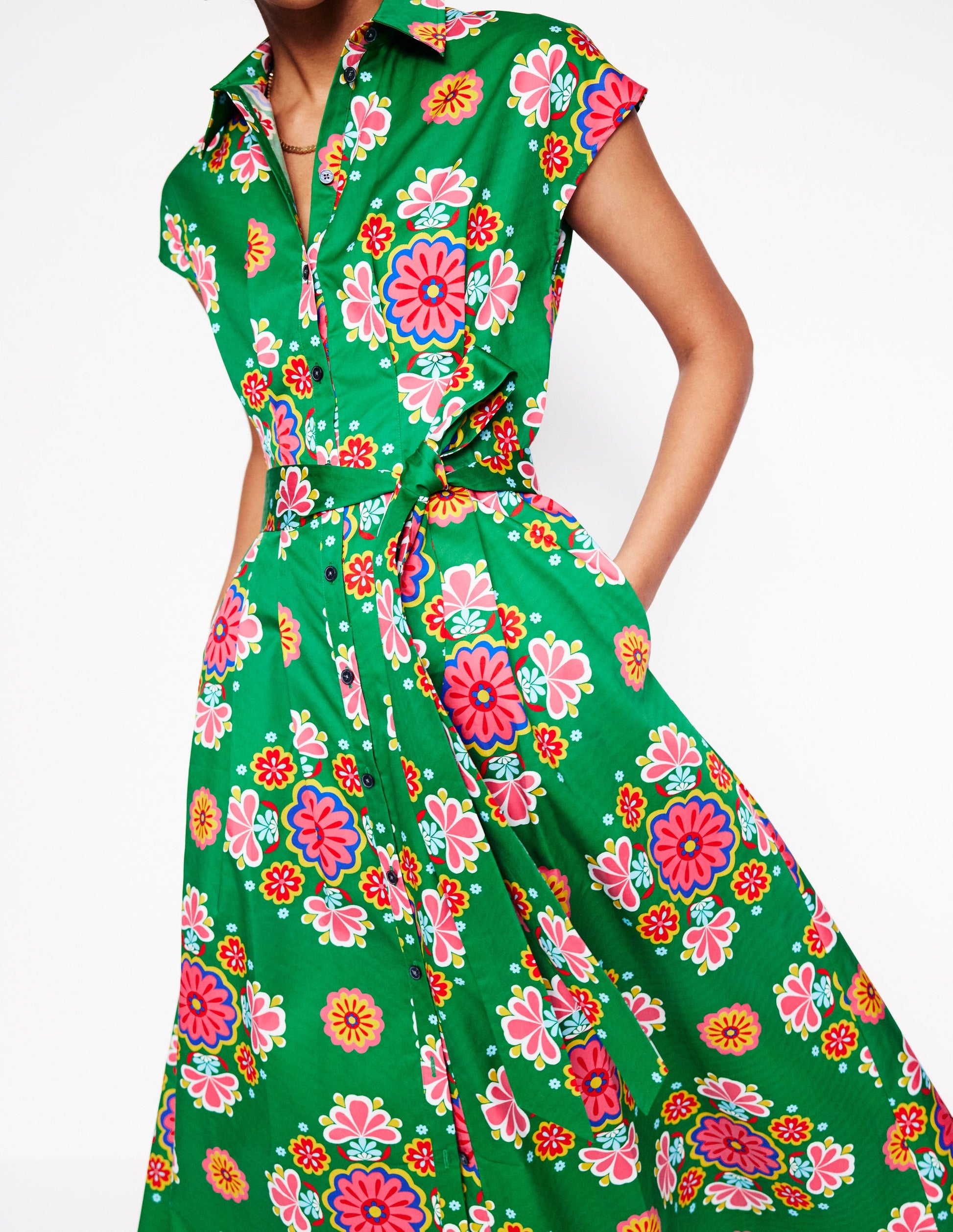 Rachel Cotton Midi Shirt Dress-Rich Emerald, Meadow Posy Rachel Cotton Midi Shirt Dress-Rich Emerald, Meadow Posy