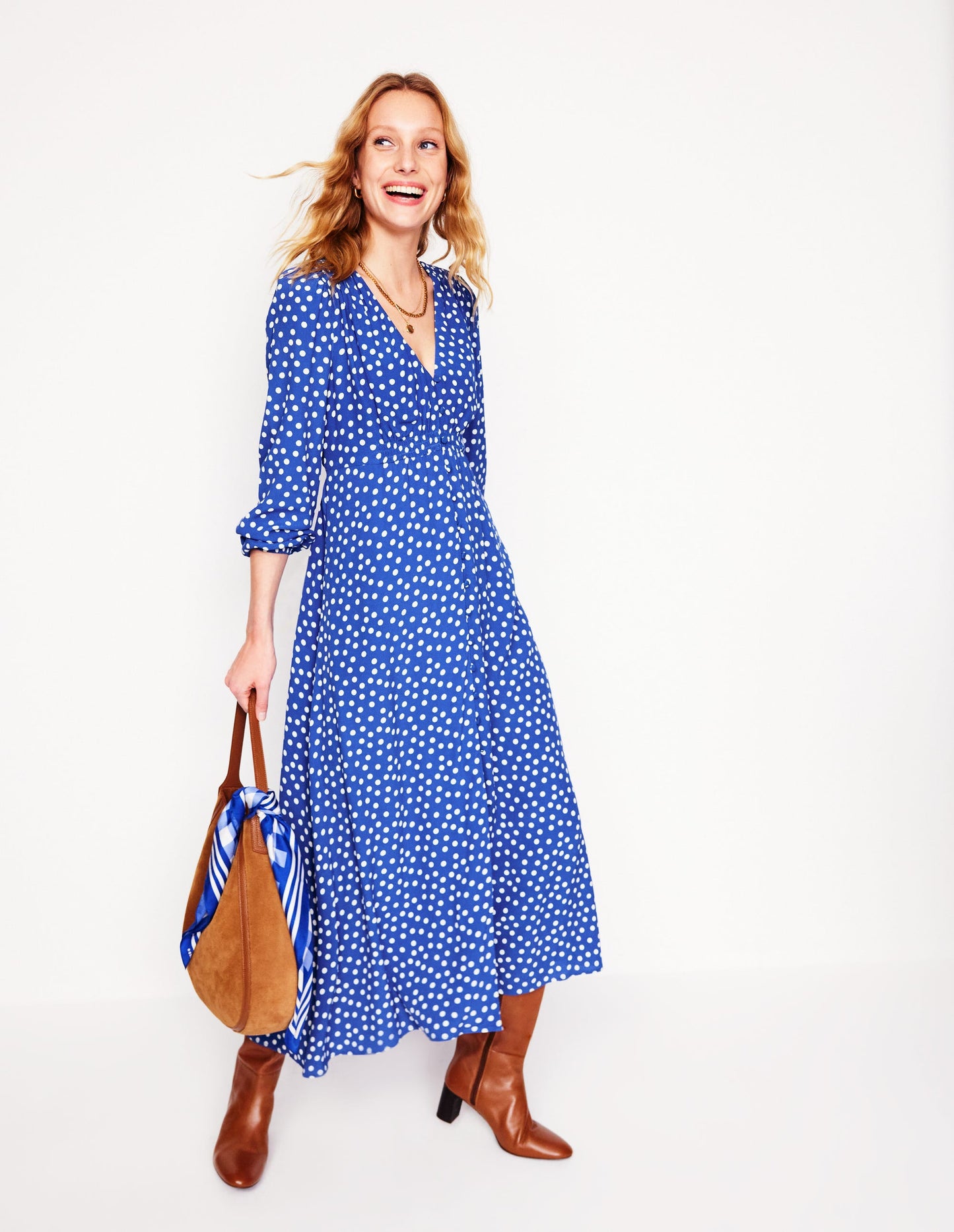 Cynthia Button Tea Dress-Bright Blue, Abstract Dot