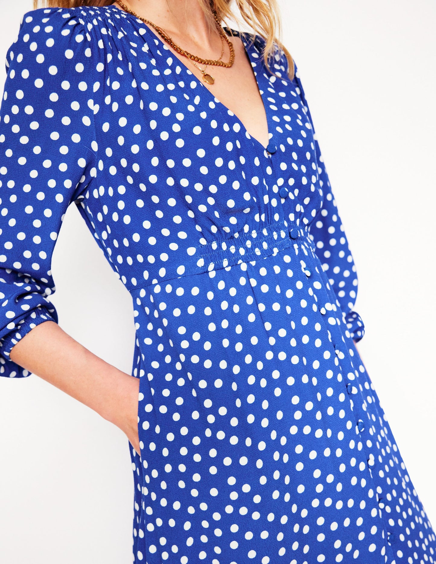 Cynthia Button Tea Dress-Bright Blue, Abstract Dot