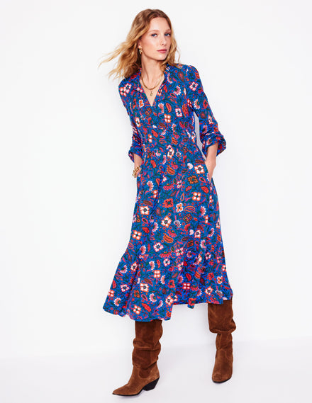 Rosamund Jersey Midi Tea Dress-Blue,Oriental Paradise