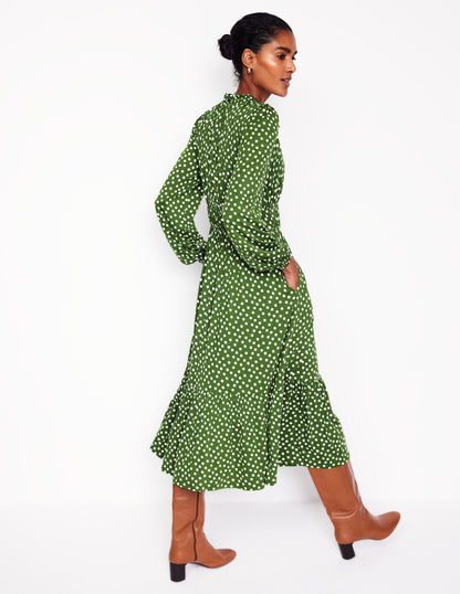 Rosamund Jersey Midi Tea Dress-Iguana Green, Abstract Dot