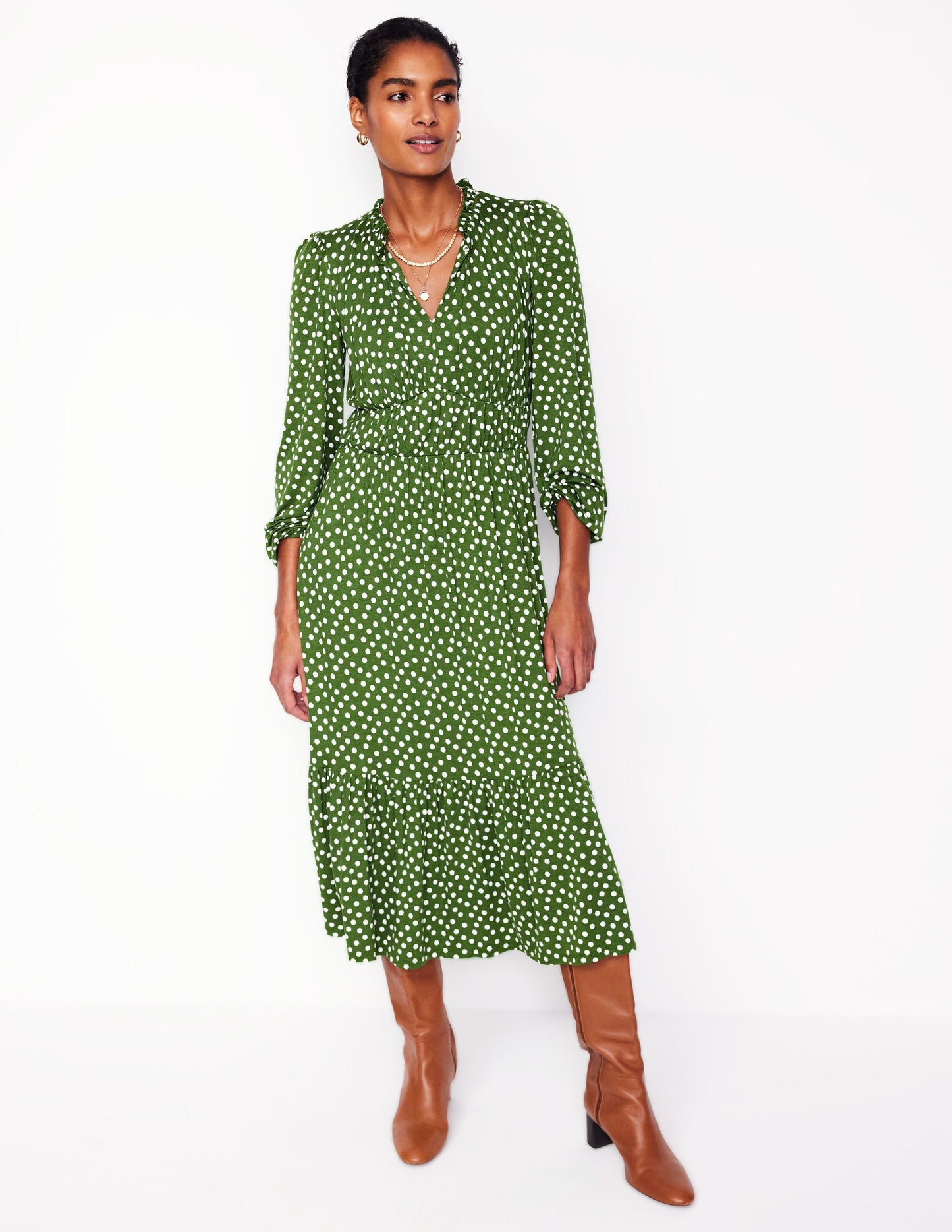 Rosamund Jersey Midi Tea Dress-Iguana Green, Abstract Dot