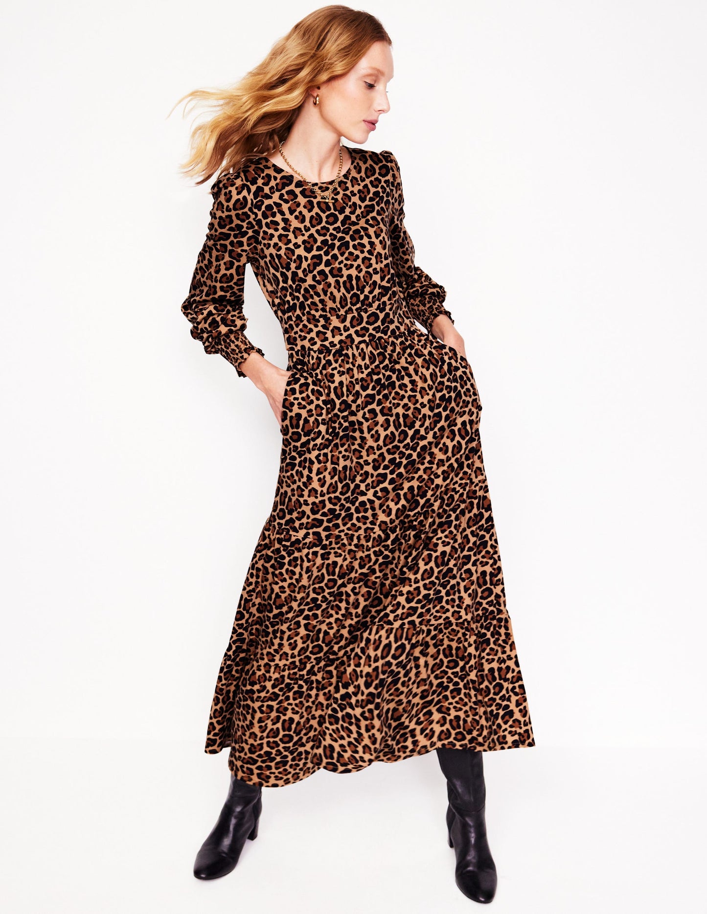 Tabitha Tiered Jersey Dress-Camel and Black, Cheetah Pop