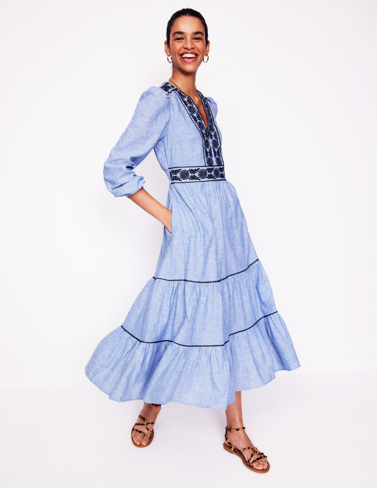 Violet Linen Blend Midi Dress-Chambray - Image 1