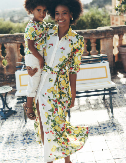 Clara Linen Blend Shirt Dress-Ivory, Cherries and Lemons