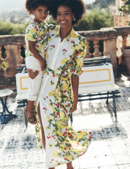 Clara Linen Blend Shirt Dress-Ivory, Cherries and Lemons