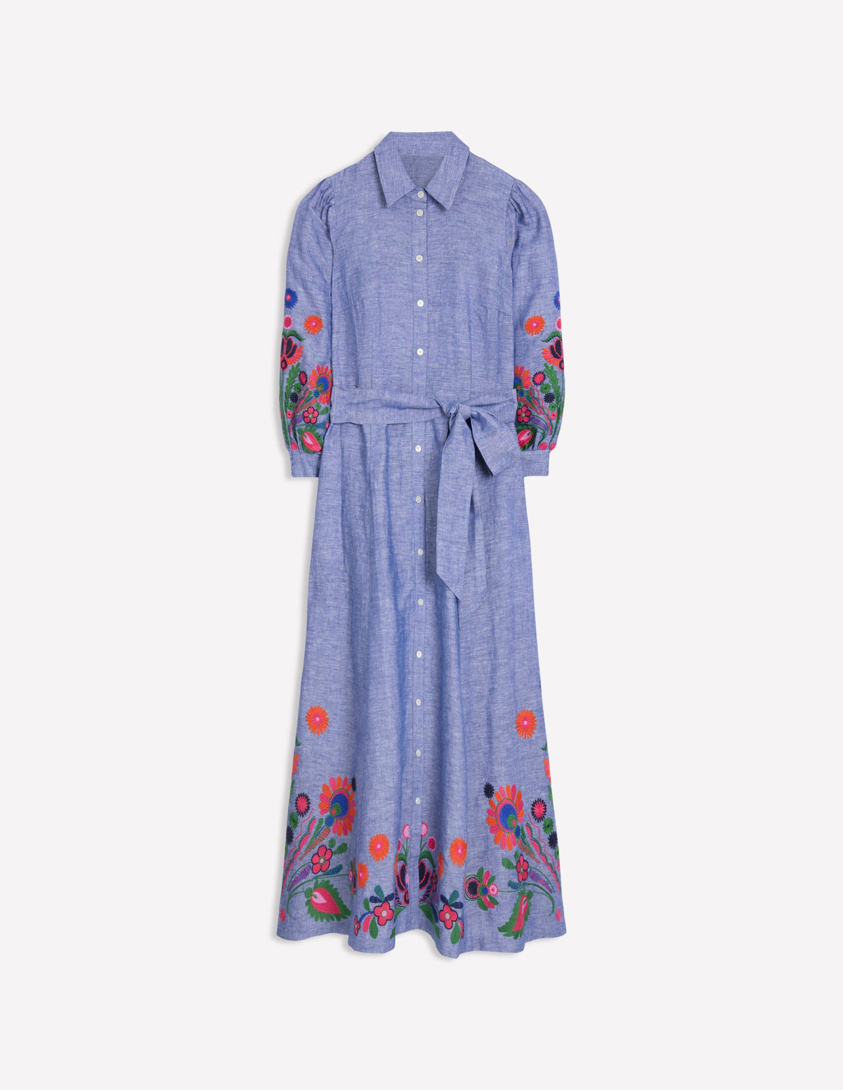 Clara Linen Blend Shirt Dress-Blue Chambray, Embroidered - Image 7