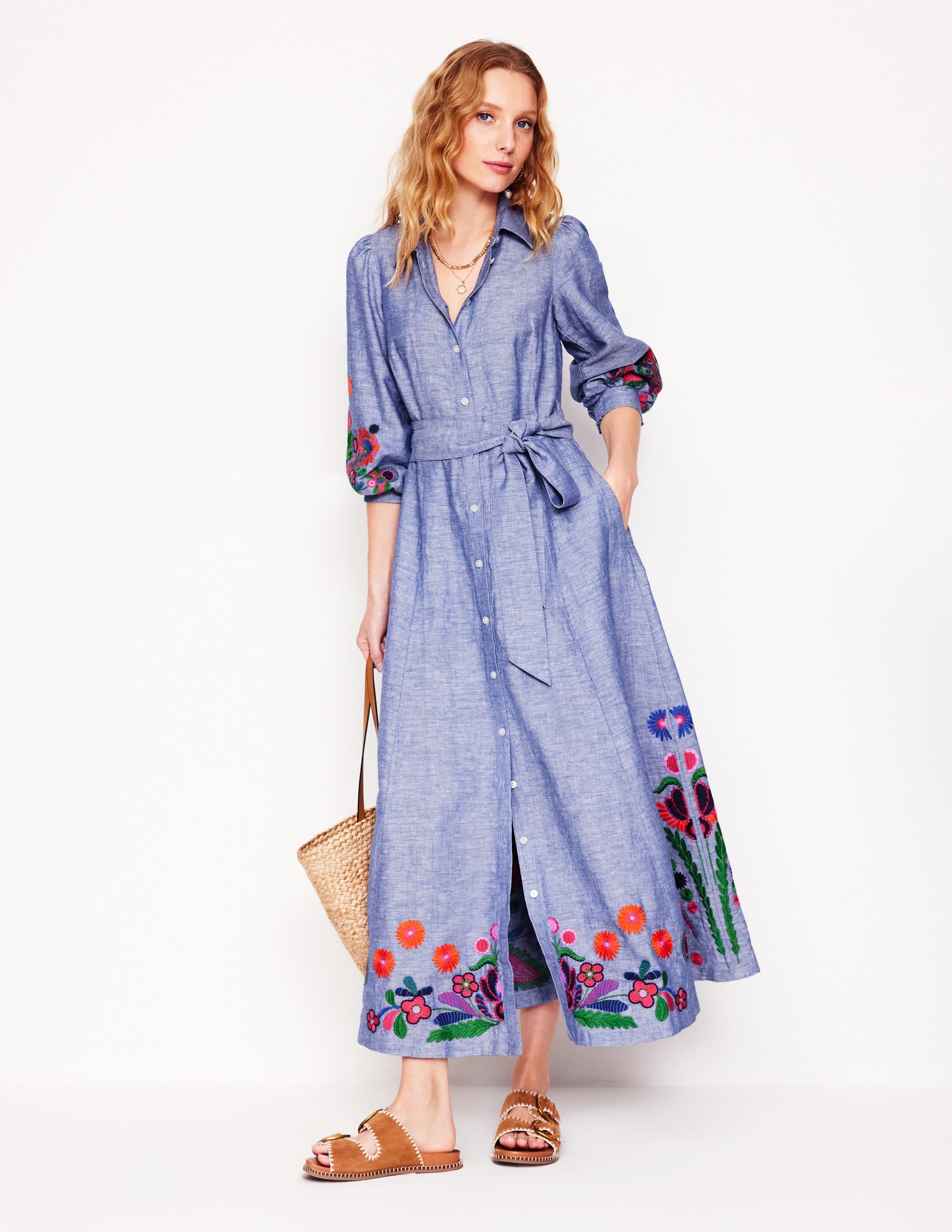 Clara Linen Blend Shirt Dress-Blue Chambray, Embroidered - Image 1