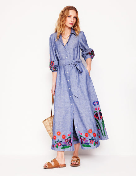 Clara Linen Blend Shirt Dress-Blue Chambray, Embroidered