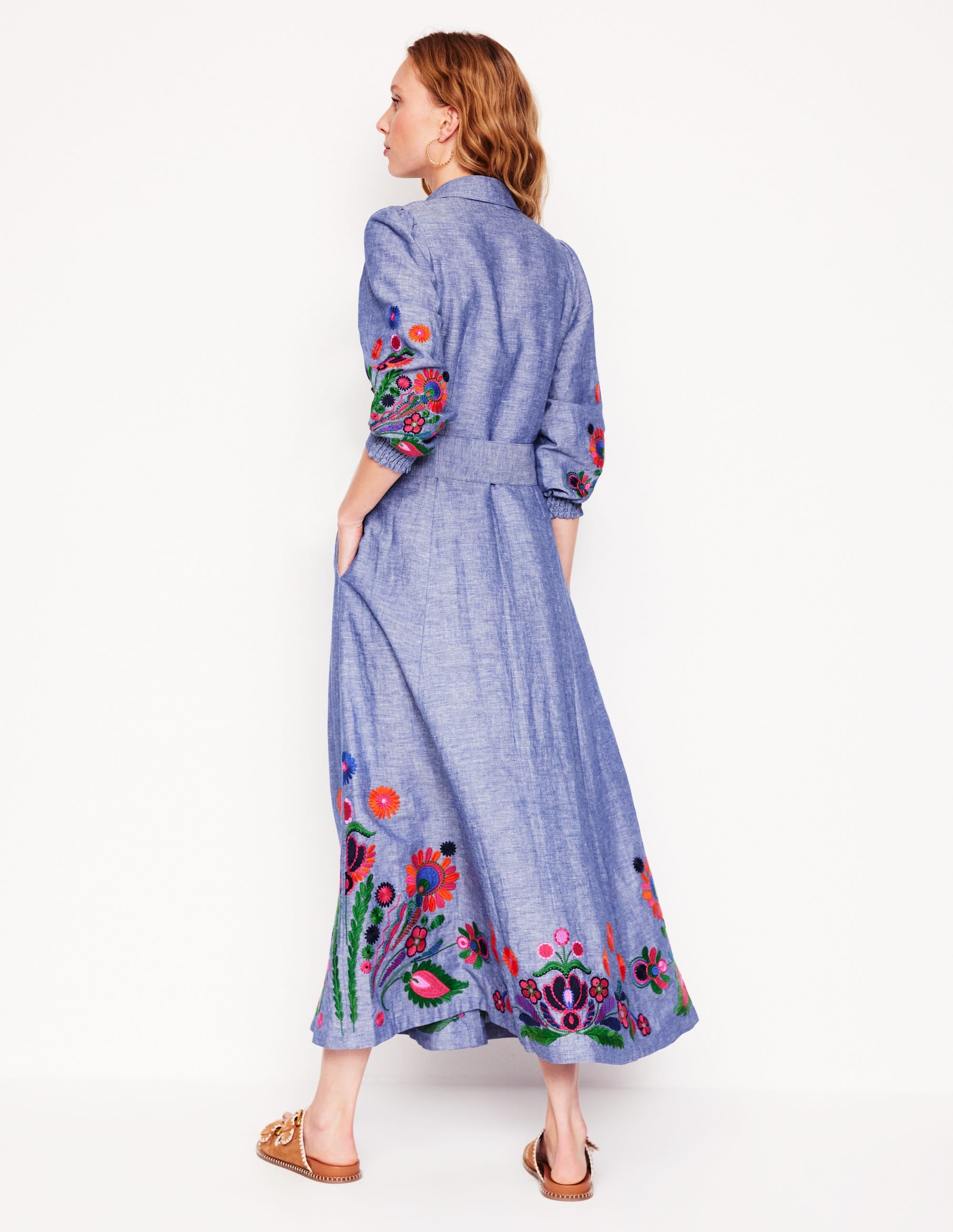 Clara Linen Blend Shirt Dress-Blue Chambray, Embroidered - Image 4