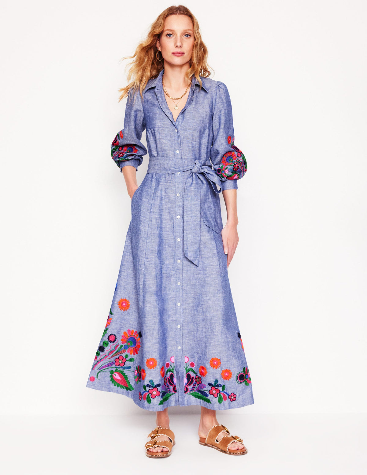 Clara Linen Blend Shirt Dress-Blue Chambray, Embroidered - Image 5