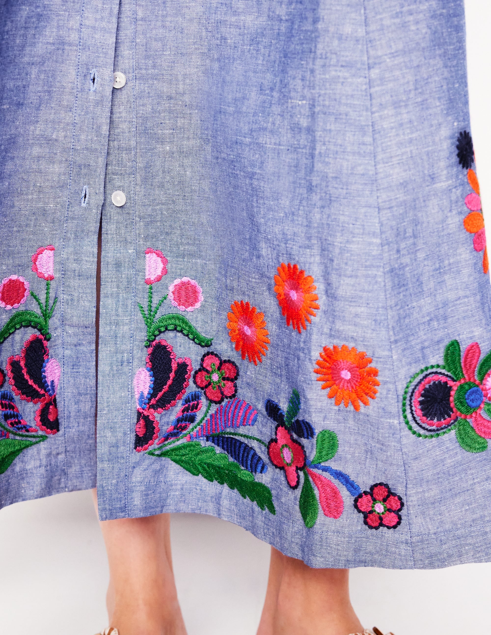 Clara Linen Blend Shirt Dress-Blue Chambray, Embroidered - Image 6