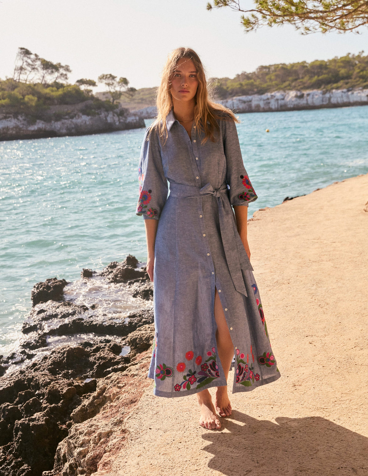 Clara Linen Blend Shirt Dress-Blue Chambray, Embroidered - Image 2