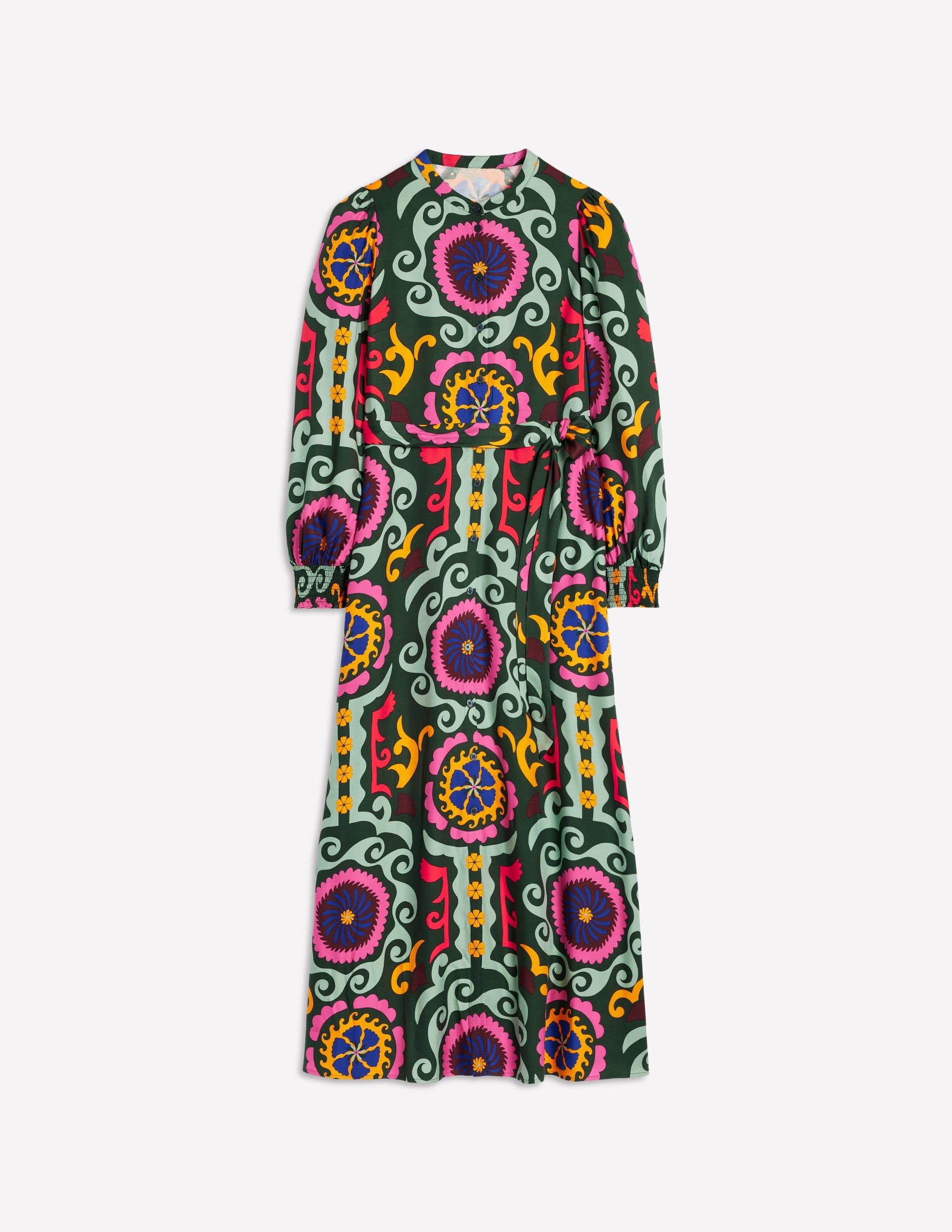 Ruby Collarless Shirt Dress-Green, Ornamental Wave - Image 7