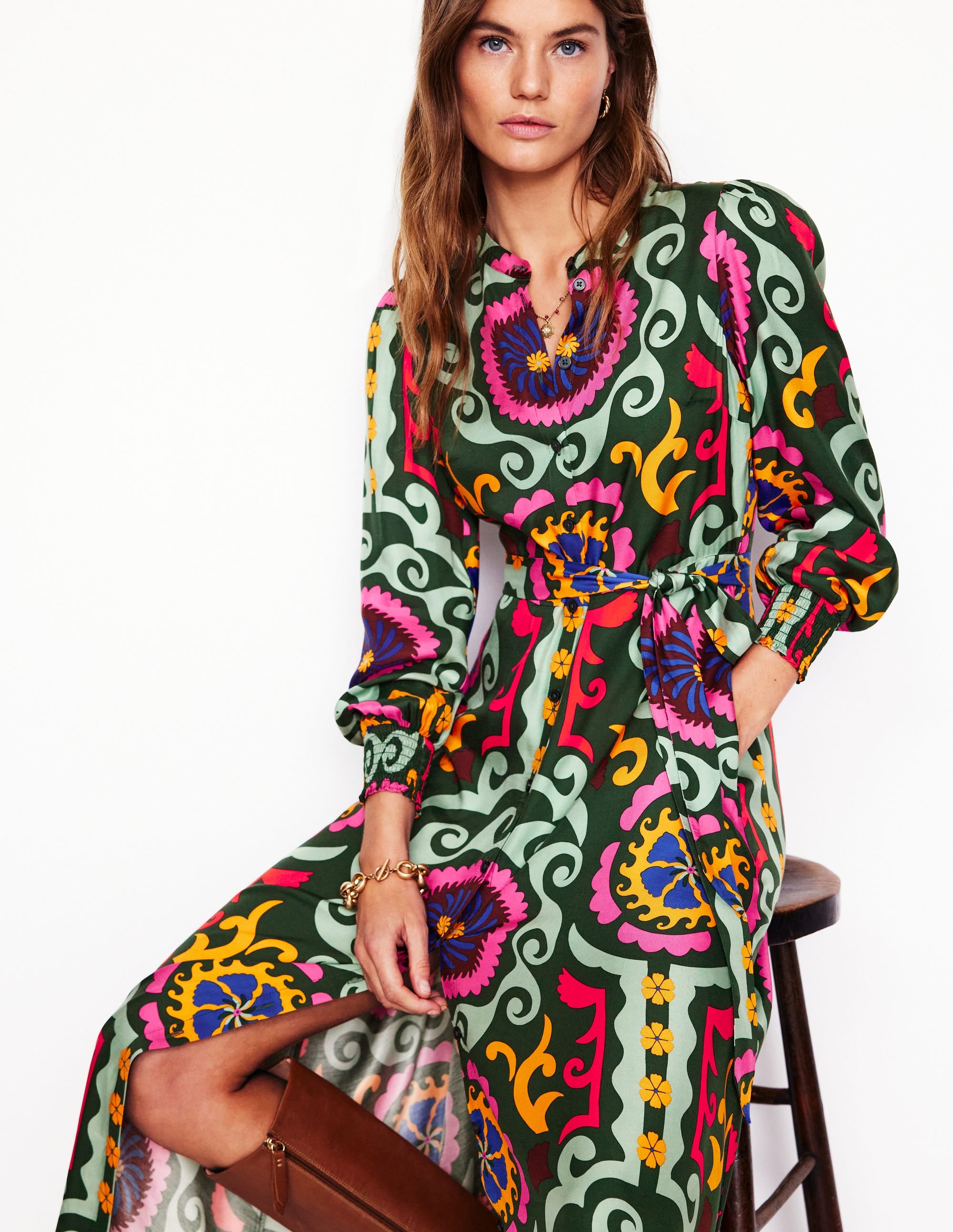 Ruby Collarless Shirt Dress-Green, Ornamental Wave - Image 1