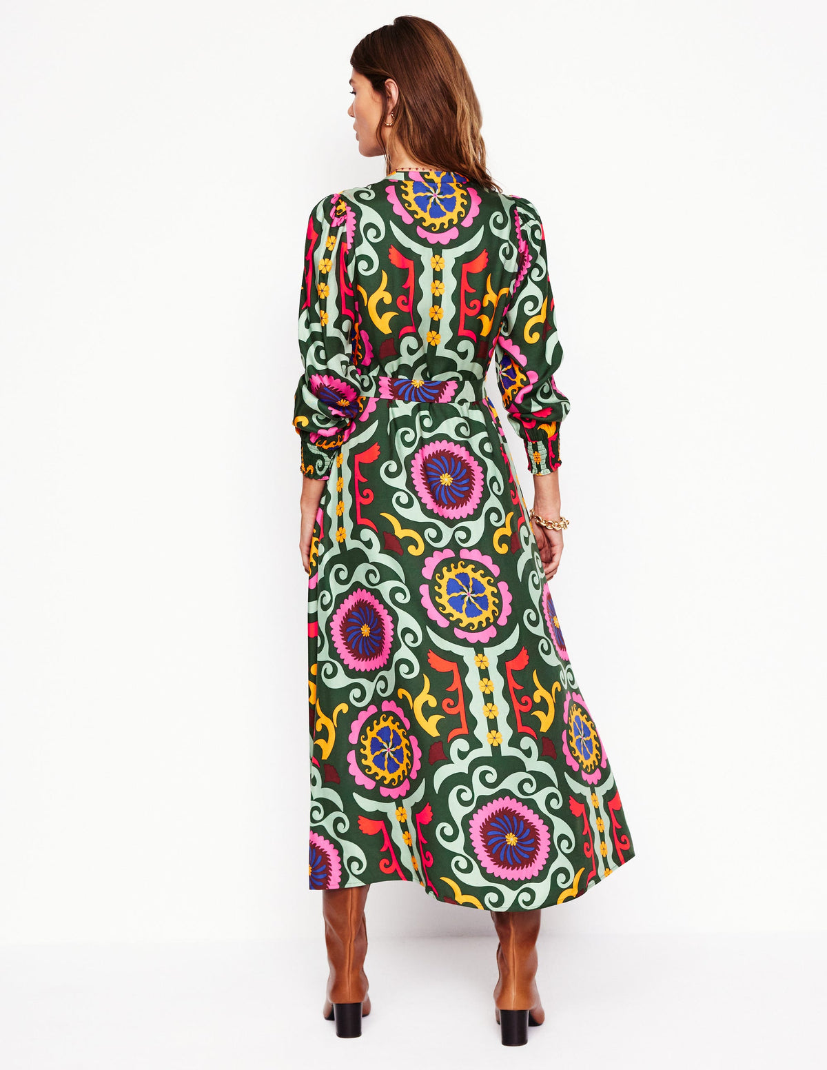 Ruby Collarless Shirt Dress-Green, Ornamental Wave - Image 4
