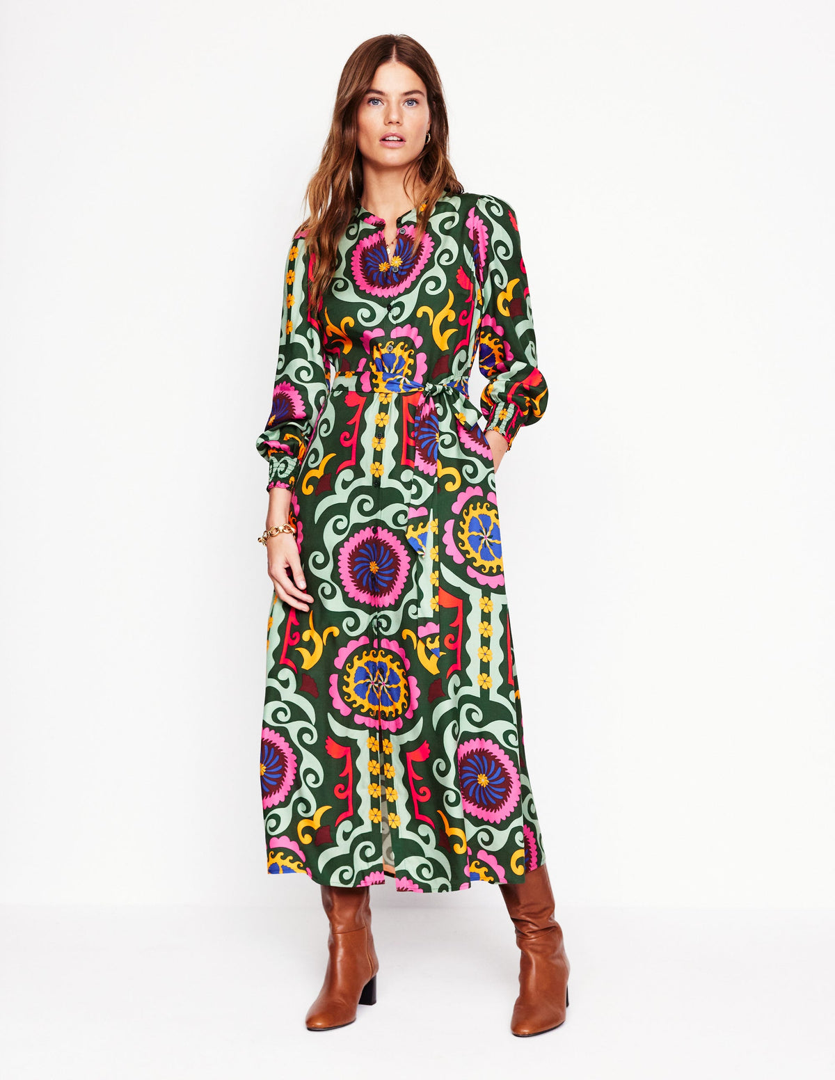 Ruby Collarless Shirt Dress-Green, Ornamental Wave - Image 5