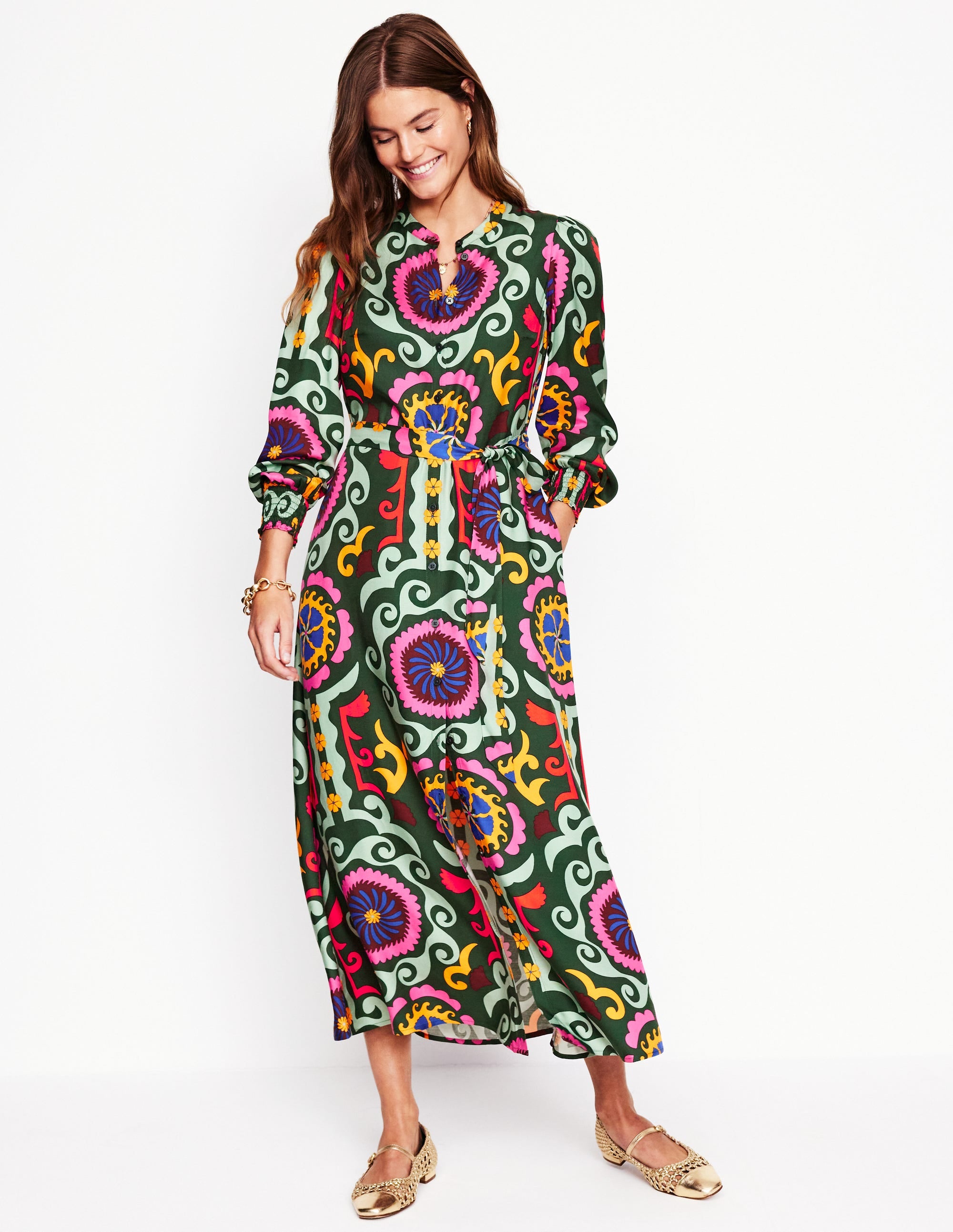 Ruby Collarless Shirt Dress-Green, Ornamental Wave - Image 6