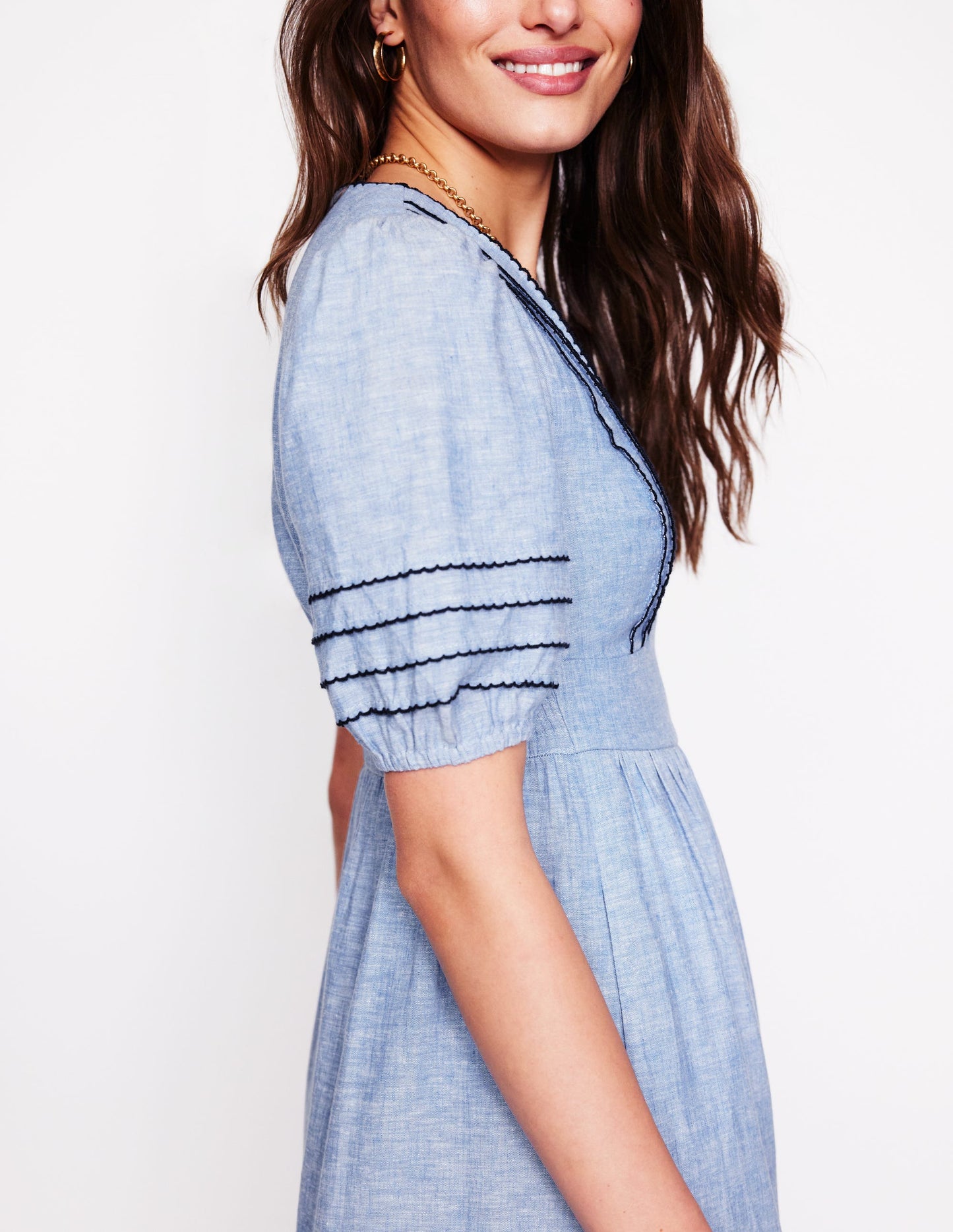 Smocked Waist Linen Dress-Grey Blue Chambray