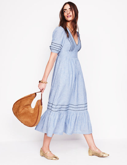 Smocked Waist Linen Dress-Grey Blue Chambray