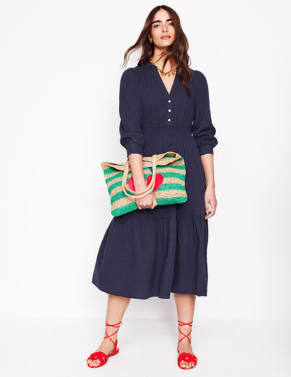 Elena Double Cloth Midi Dress-Navy