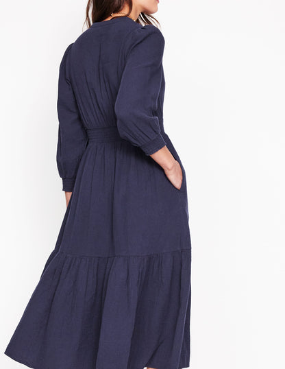 Elena Double Cloth Midi Dress-Navy