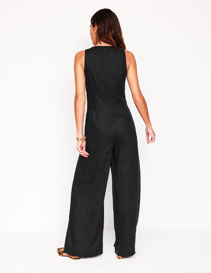 V-Neck Linen Jumpsuit-Black-3