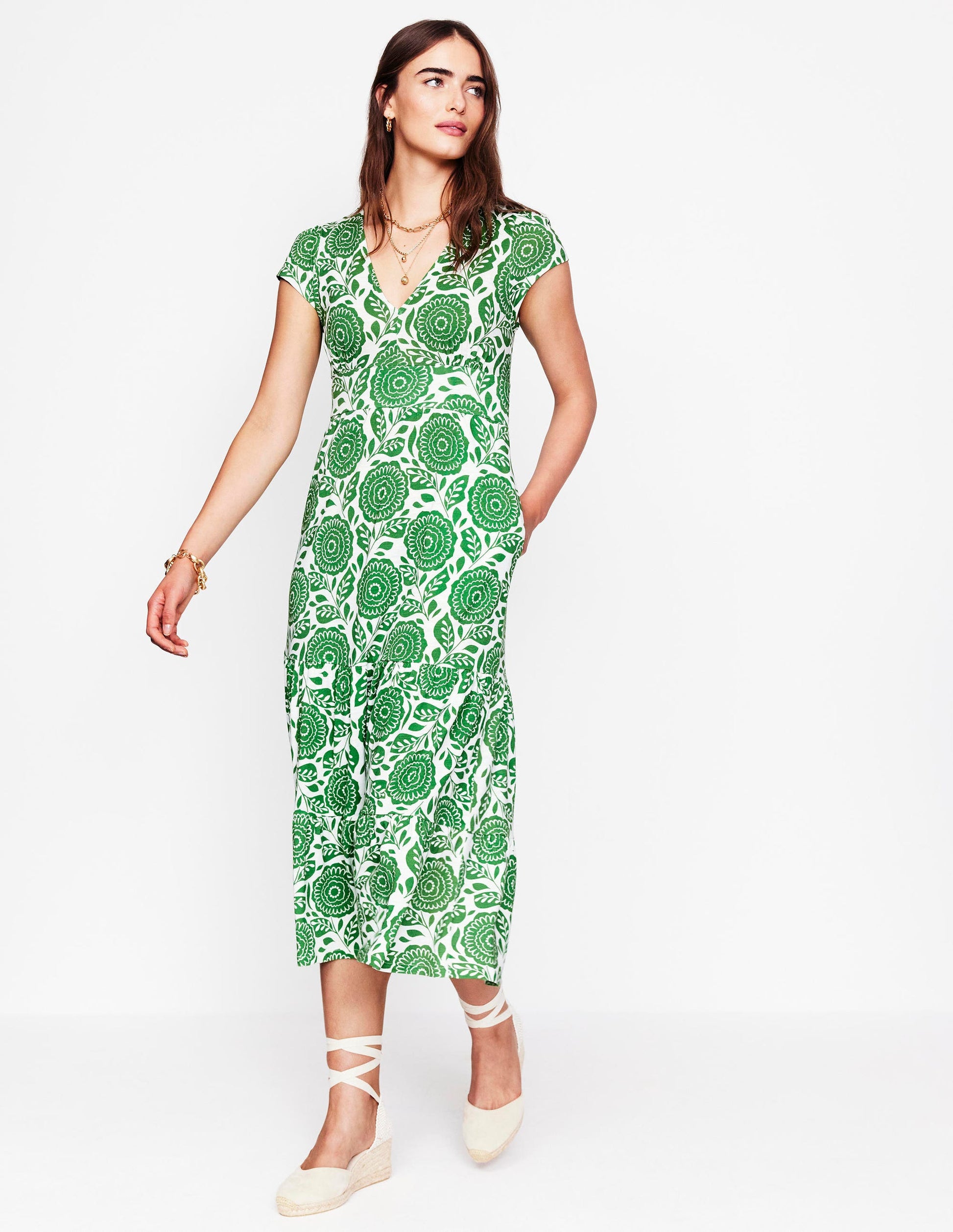 Eloise Tiered Jersey Dress-Paradise Green, Dahlia Stamp | Boden Global Eloise Tiered Jersey Dress-Paradise Green, Dahlia Stamp | Boden Global