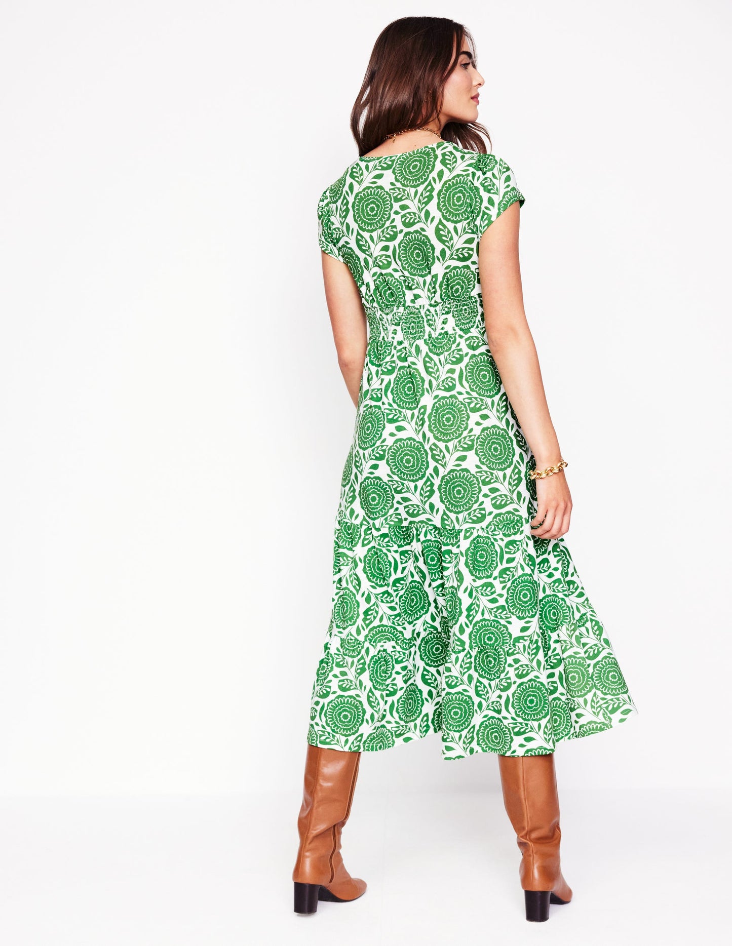 Eloise Tiered Jersey Dress-Iguana Green, Dahlia Stamp