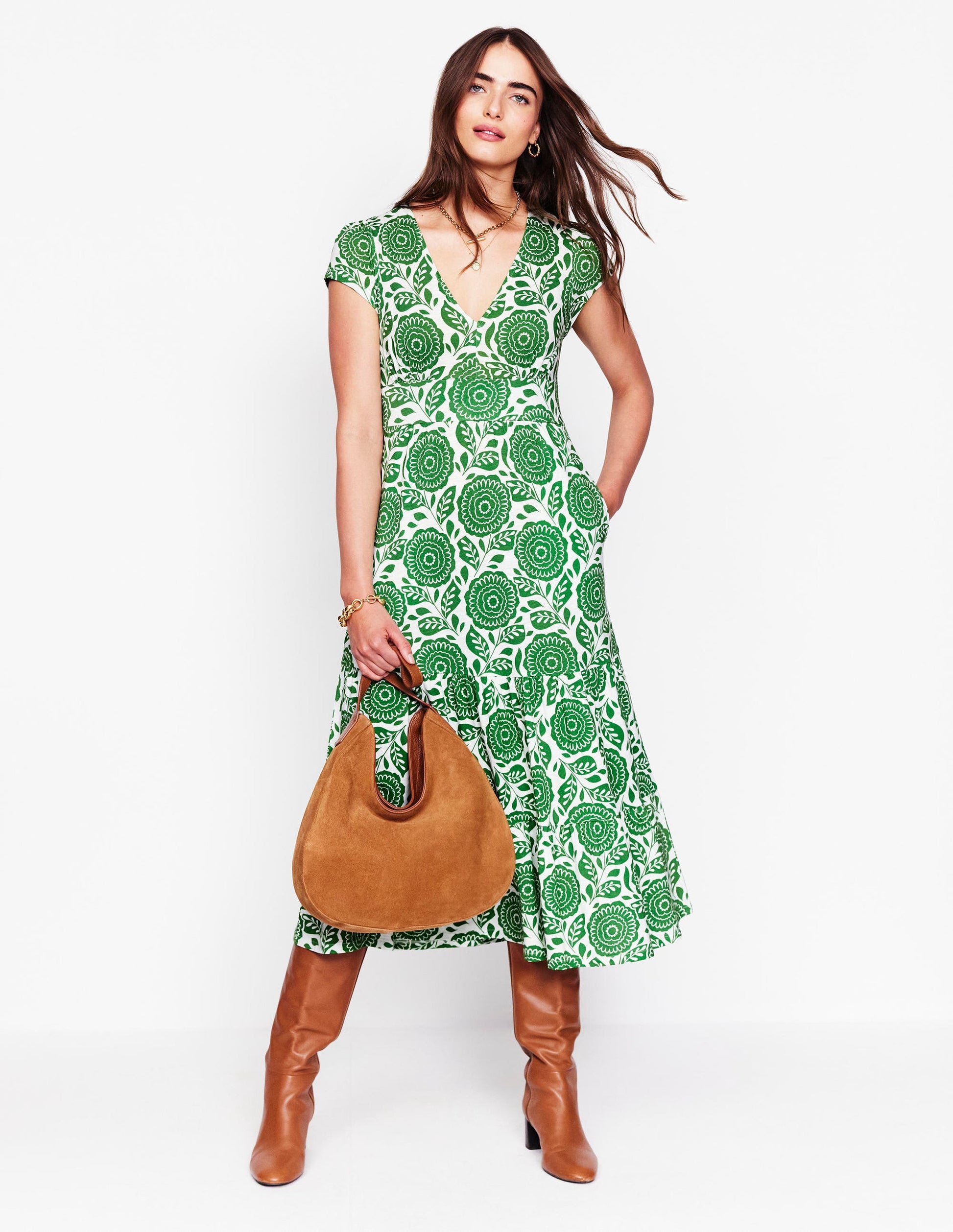 Eloise Tiered Jersey Dress-Paradise Green, Dahlia Stamp | Boden Global Eloise Tiered Jersey Dress-Paradise Green, Dahlia Stamp | Boden Global