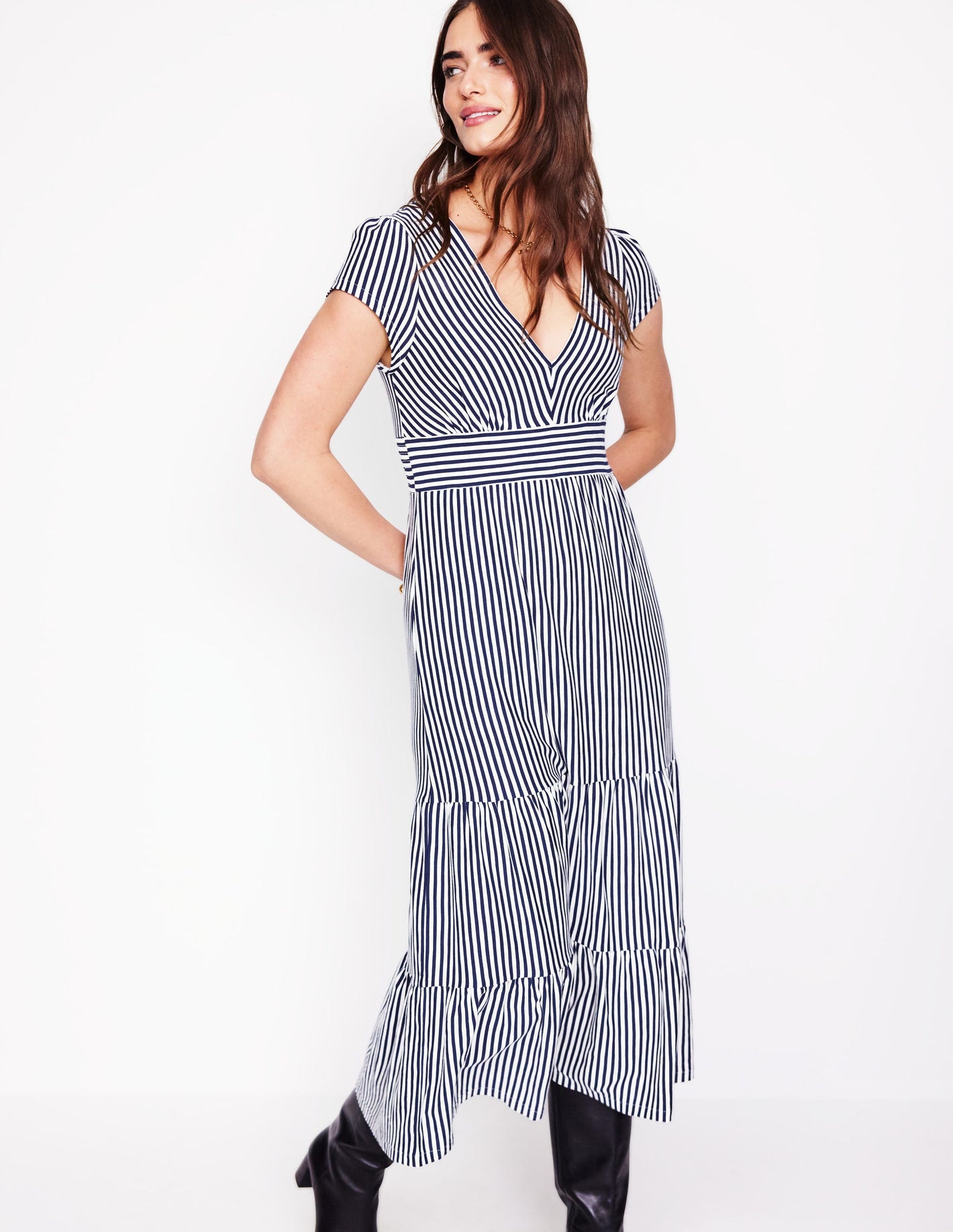 Eloise Tiered Jersey Dress-French Navy and Ivory Stripe