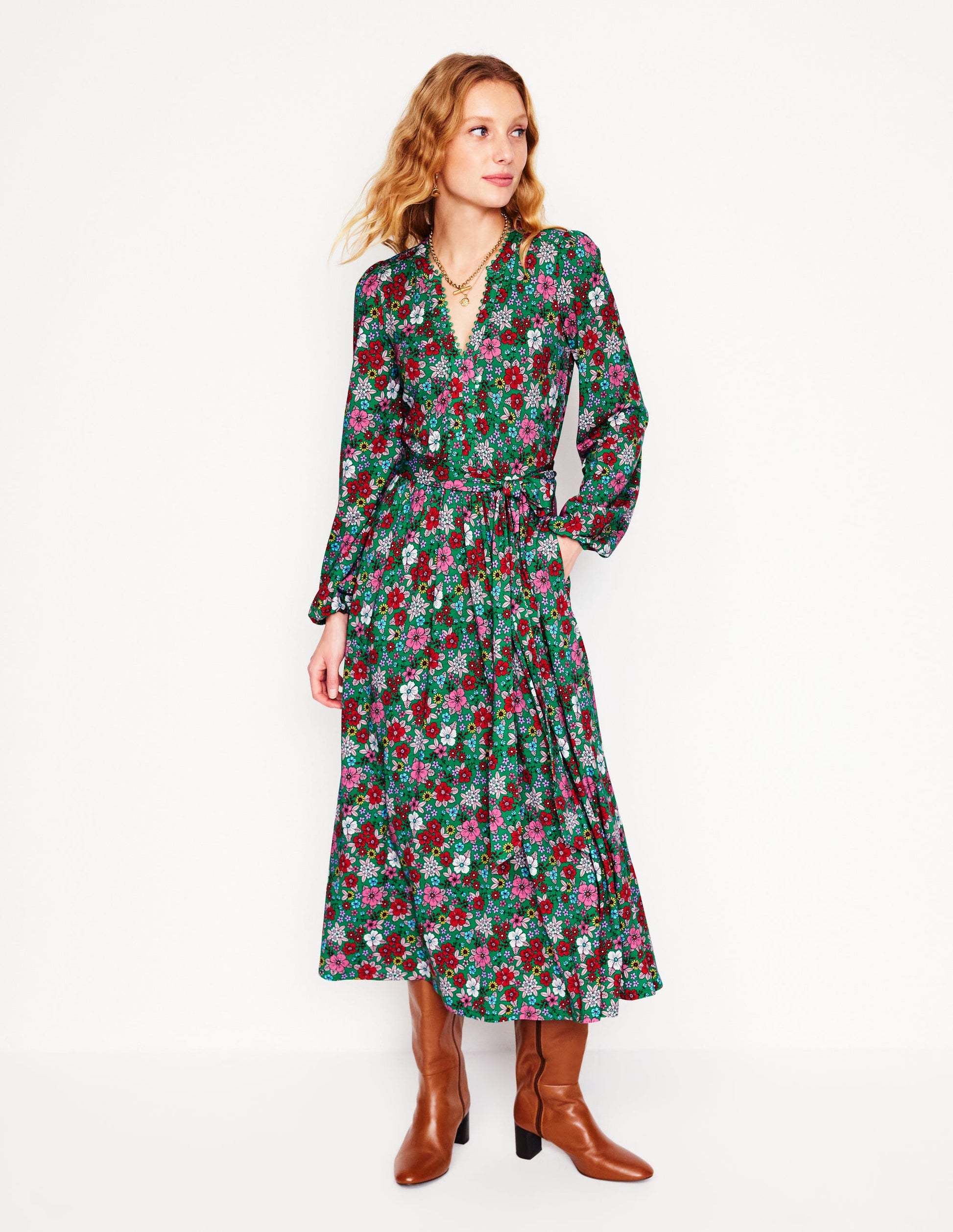 Maeve Trim Jersey Midi Dress-Rich Emerald, Blossom Scatter | Boden Global Maeve Trim Jersey Midi Dress-Rich Emerald, Blossom Scatter | Boden Global