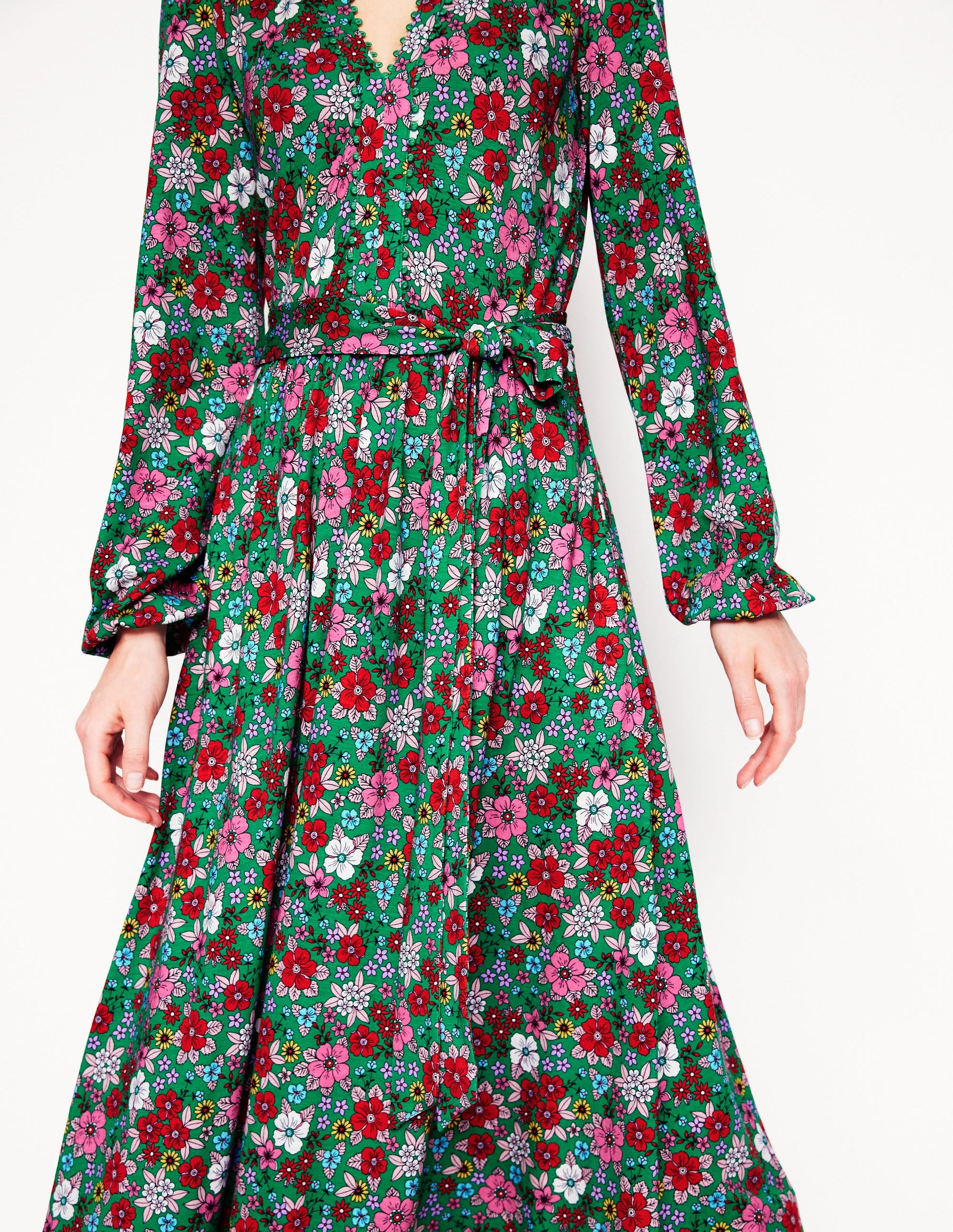 Maeve Trim Jersey Midi Dress-Rich Emerald, Blossom Scatter | Boden Global Maeve Trim Jersey Midi Dress-Rich Emerald, Blossom Scatter | Boden Global