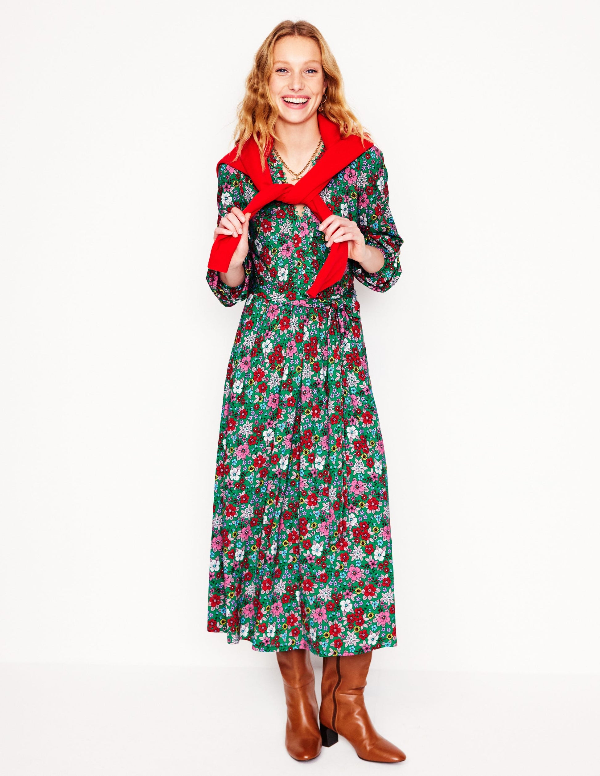 Maeve Trim Jersey Midi Dress-Rich Emerald, Blossom Scatter | Boden Global Maeve Trim Jersey Midi Dress-Rich Emerald, Blossom Scatter | Boden Global