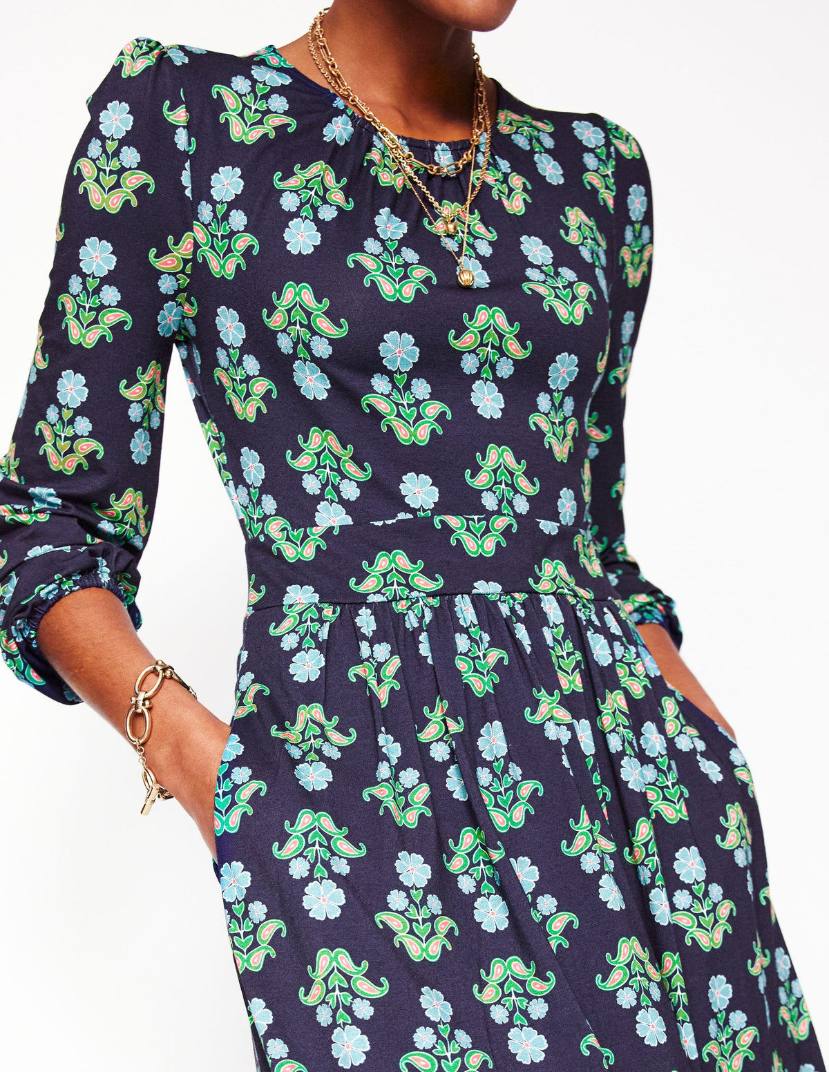 Alexandra Blouson Jersey Dress-French Navy, Pansy Stamp - Image 2