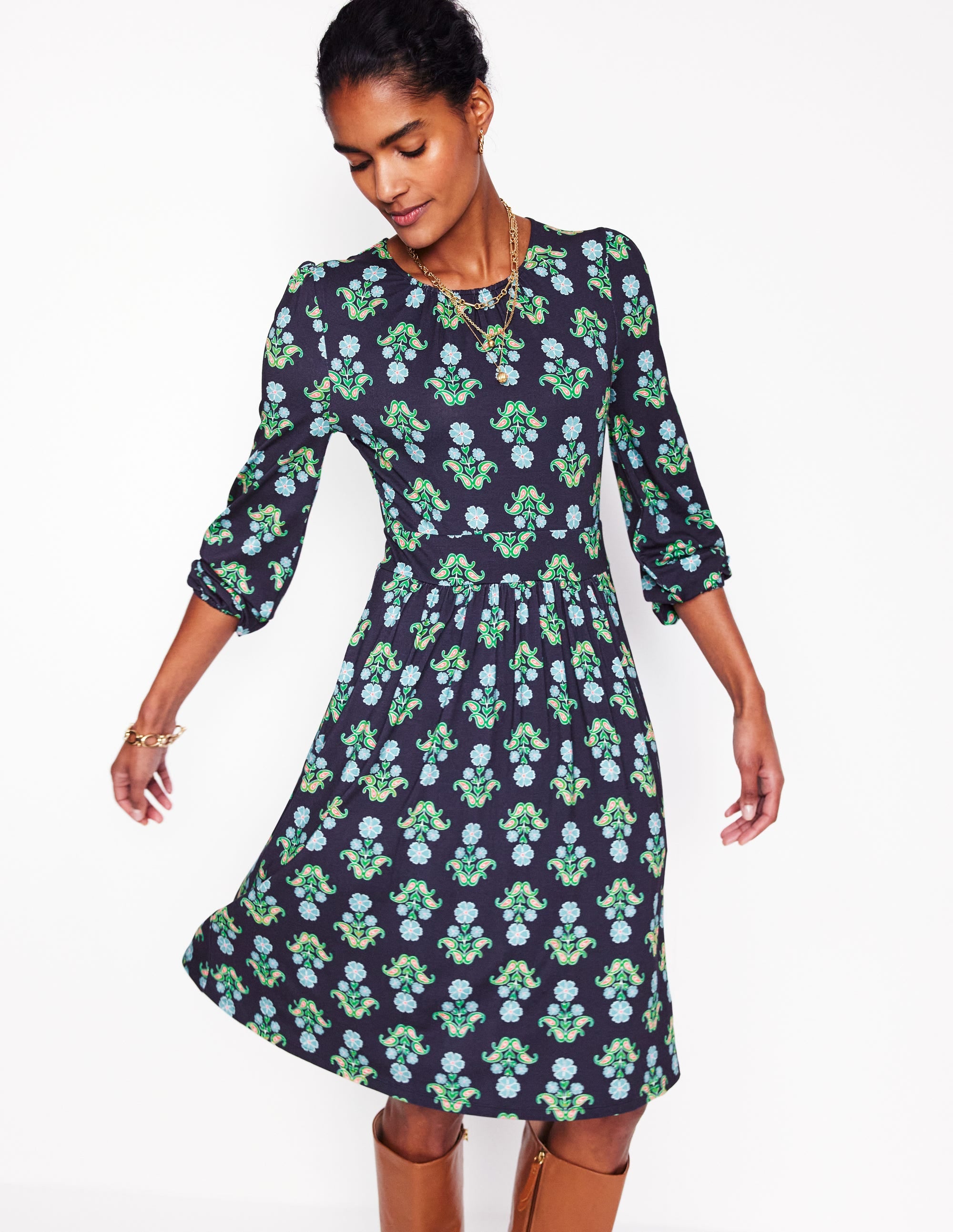 Alexandra Blouson Jersey Dress-French Navy, Pansy Stamp - Image 3
