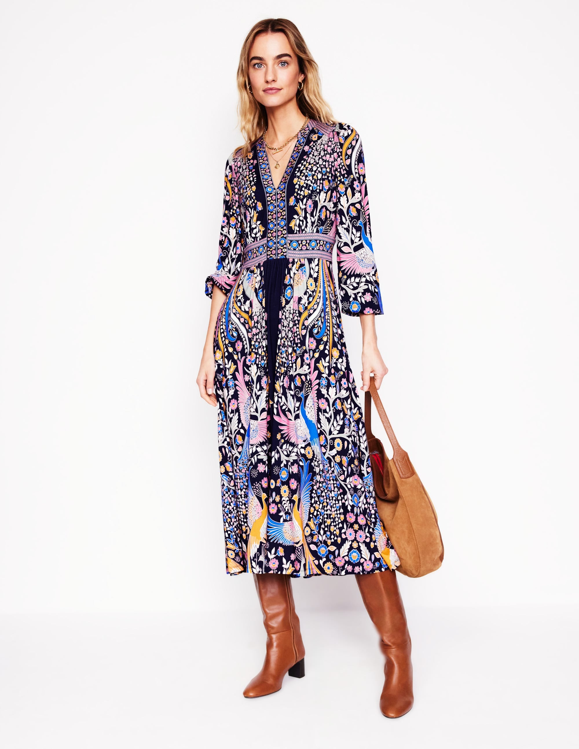 Lily Long Sleeve Midi Dress-French Navy,Enchanting Peacock - Image 1